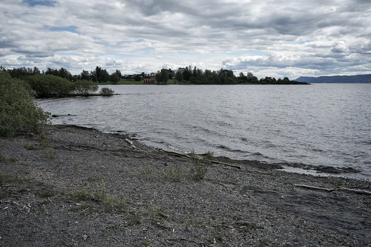 Steinete strand ved Domkirkeodden på Hamar med trær og Mjøsa under skyer
