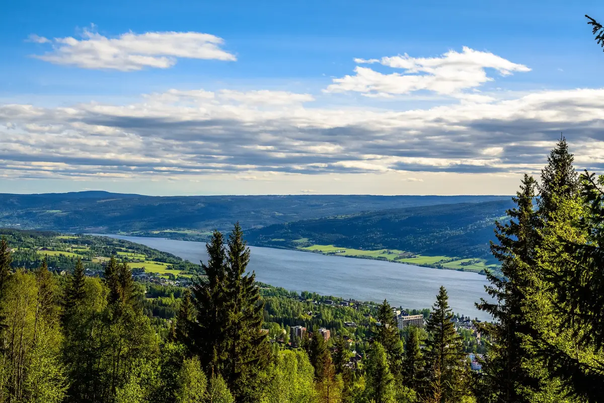Utsiktspunkt gjennom granskog over den lange blå armen av Mjøsa ved Lillehammer